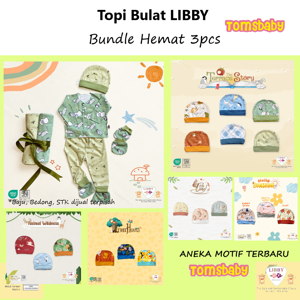 [TOMS] [BUNDLE HEMAT 3pcs] LIBBY (3pcs) Topi Bayi model Bulat PRINT Motif Terbaru Grosir