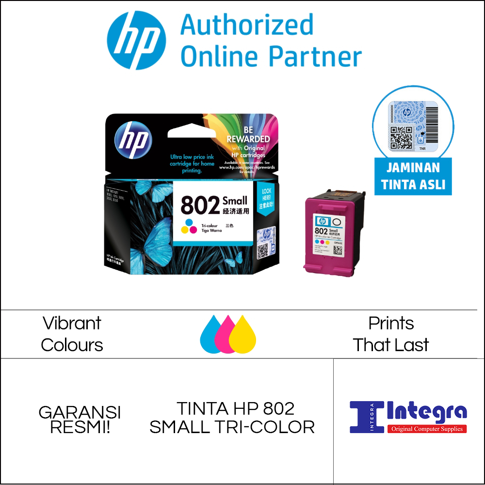 Tinta HP 802 Tri Colour / Warna Original Cartridge - CH562ZZ HP Deskjet 1000, 1010, 1015, 1050, 2000, 2050, 3050