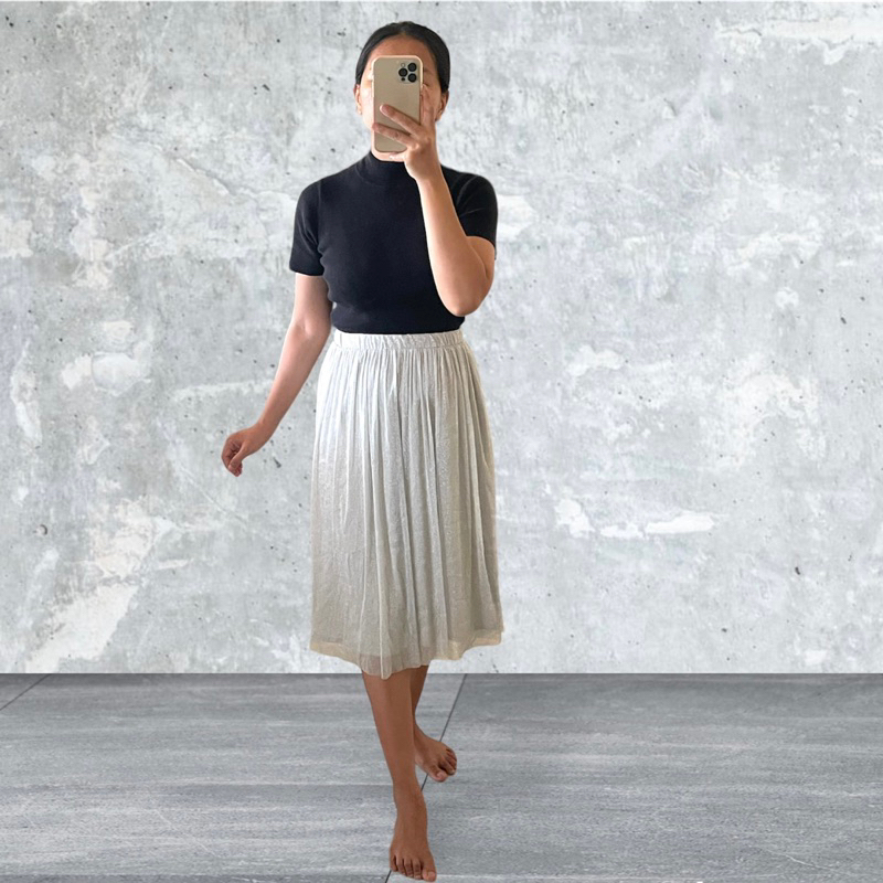 zara rok silver pleated pinggang karet rok midi muat sampai jumbo