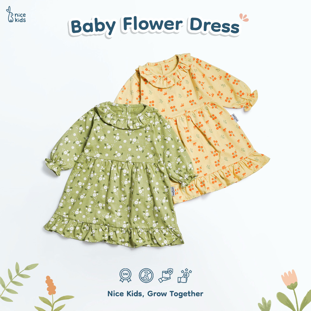 Nice Kids - Baby Flower Dress Bunga Lengan Panjang Anak Bayi (Tunik Bayi 0-12 Bulan)