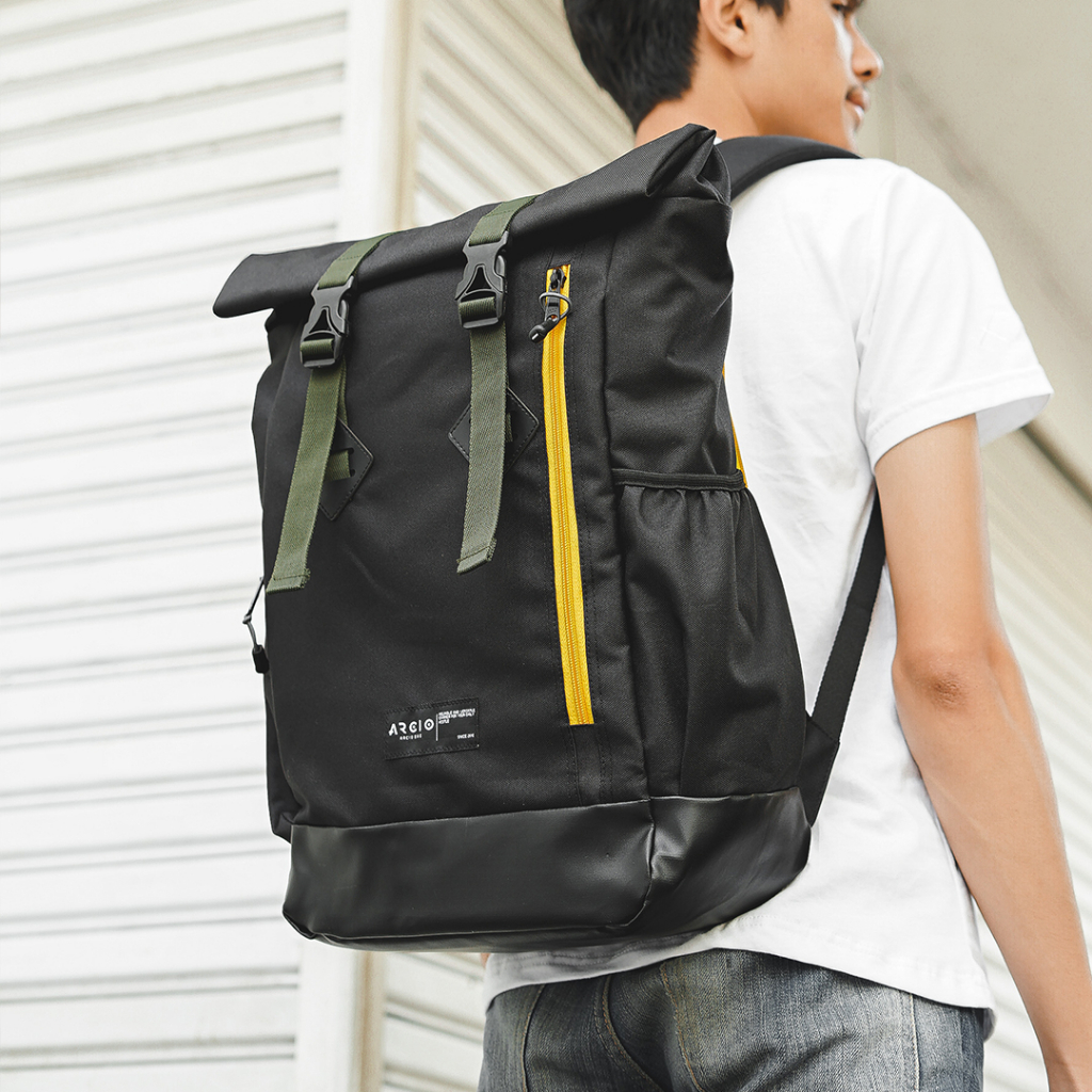 Tas Ransel Pria Backpack Laptop Bag Tas Punggung Free Rain Cover Original Arcio Sekolah Kerja Kuliah Trendi Sporty Kekinian LGN Black