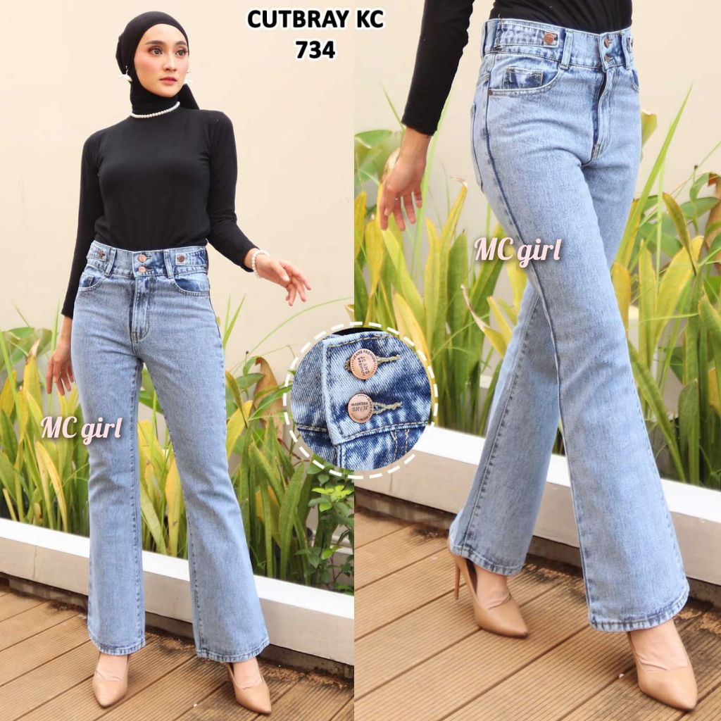 ( Size 27 - 30 ) MC girl - Celana Jeans Cutbray Highwaist Kancing 2 Warna Snow Wanita / High Waist Cutblay Kancing 2 / Celana Denim Pinggang Tinggi Kaki Lebar Cewek / Kaki Besar / Kaki Gede