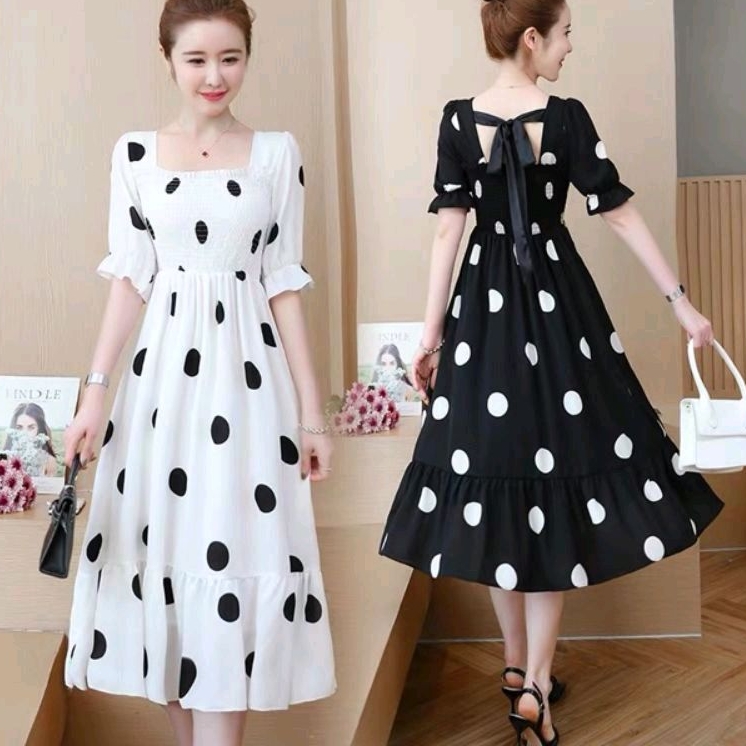 1470 Baju mididress POLKADOT SMOCKED KERUT lengan pendek dres Korea Korean style wanita premium impo