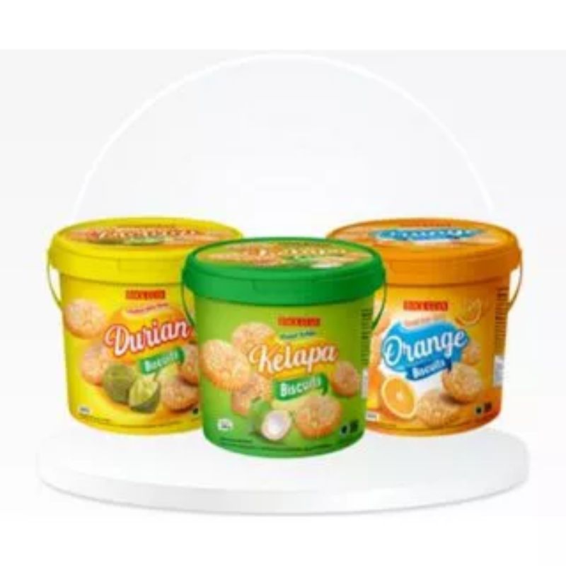 hock guan biscuit kelapa, orange, durian