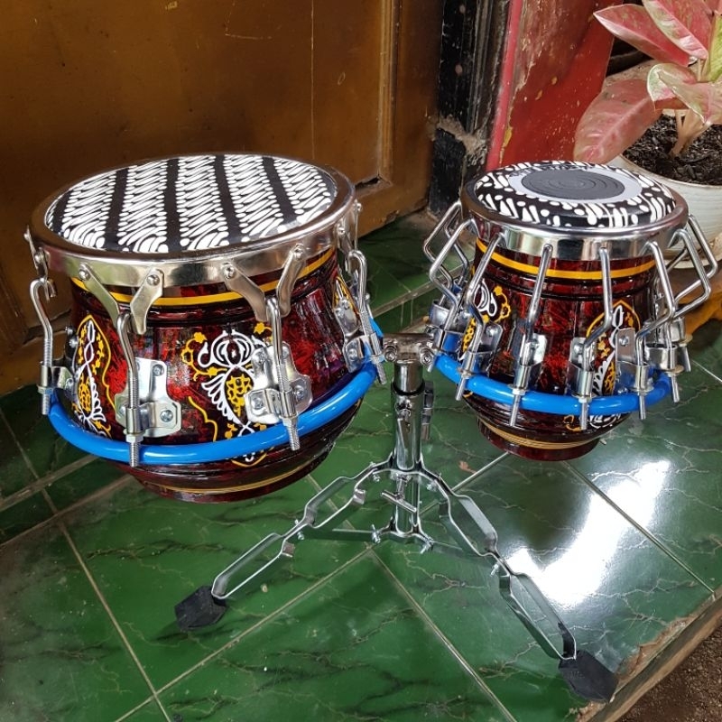 Kendang Ketipung Dangdut Ring V8 Tak Petir Kayu Nangka Warna Red Batik Marmer