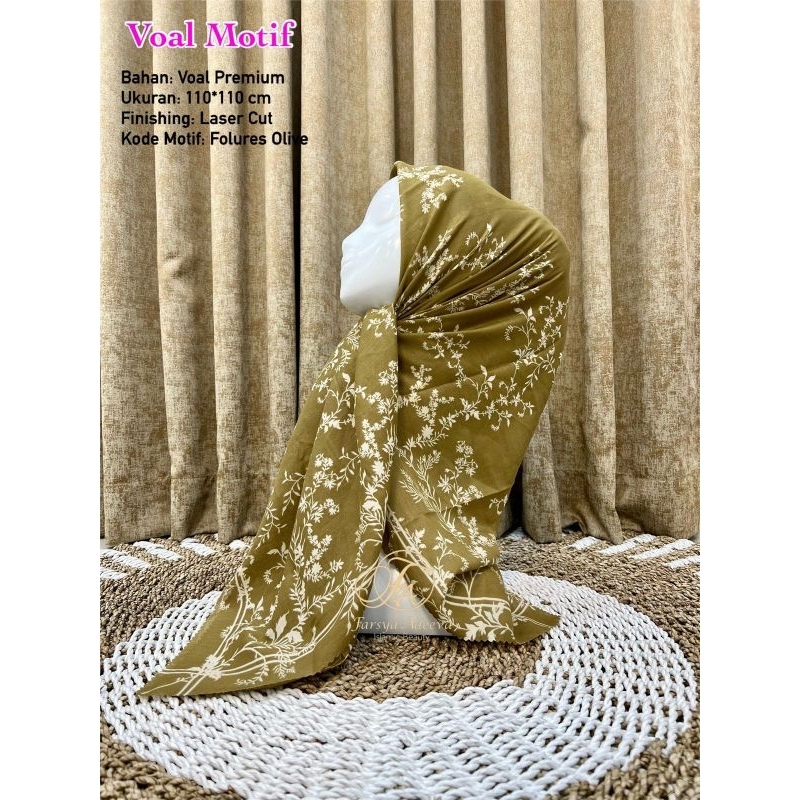 hijab segiempat motif flores warna olive krudung voal premium