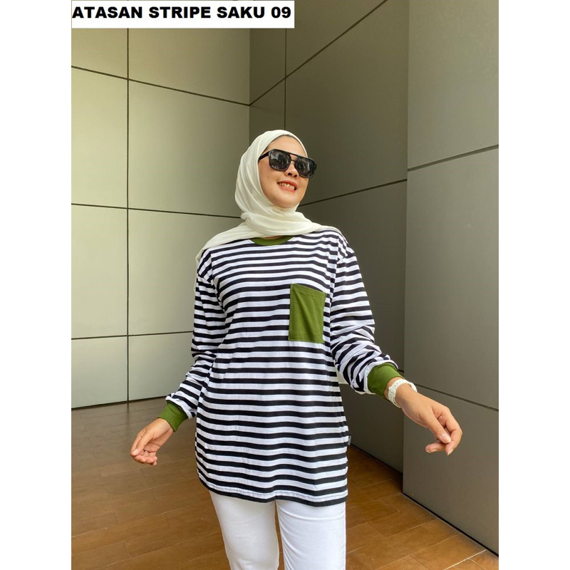 kaos striped rib terbaru aldira original / atasan strip terlaris / kaos belang saku army terlaris