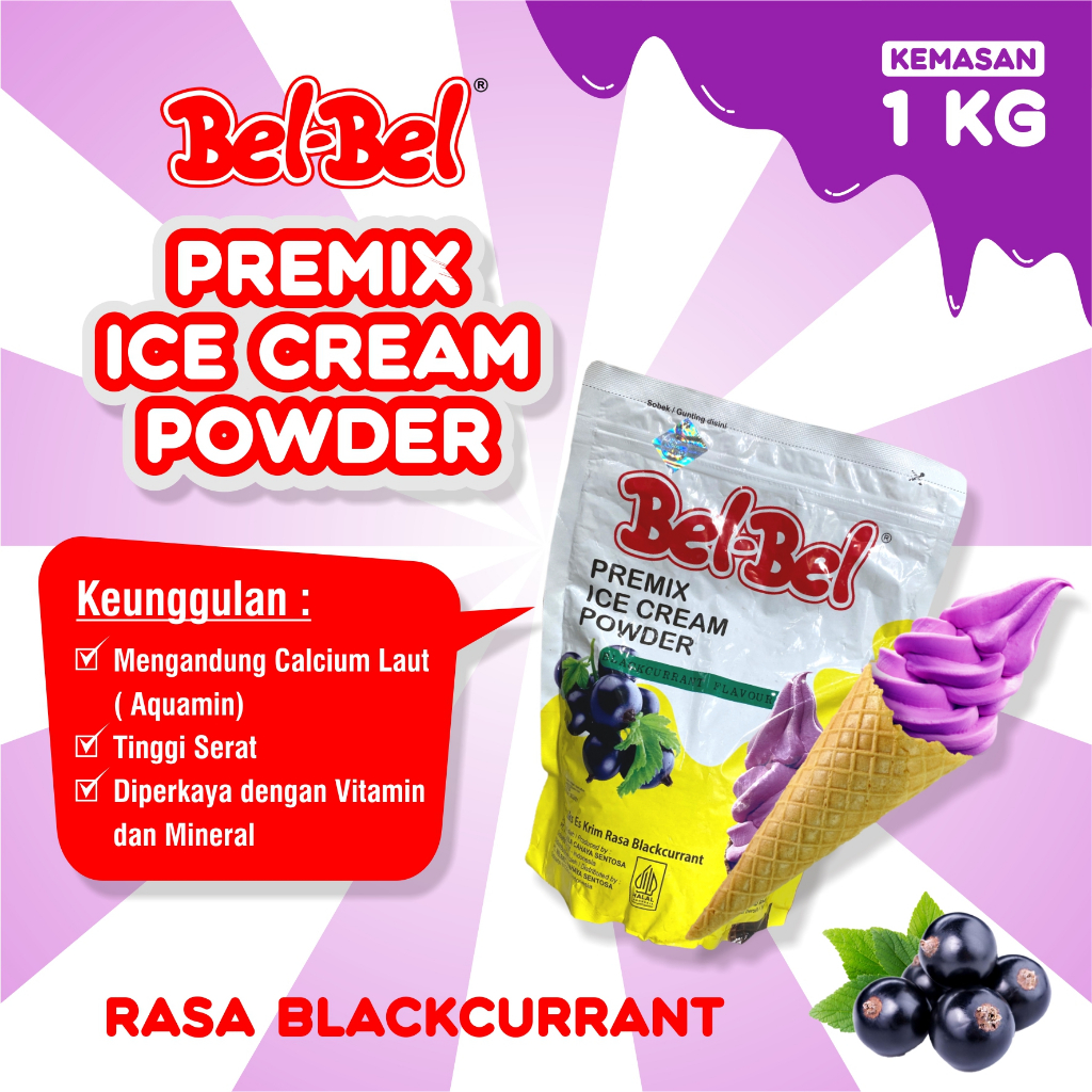 

Soft Ice Cream Belbel Rasa Blackcurrant Kemasan 1 Kg | Bubuk Ice Cream BPOM | Halal