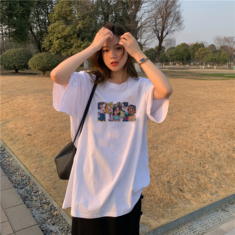 [100%  Katun]Kaos Couple Princess Oversize Kekinian Lengan Pendek Korean Style Printed T-shirt Baju Wanita Hitam