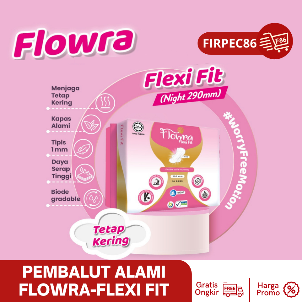 Flowra Flexi Fit Night 290 mm, Pembalut Halal, Tipis, Xtra Kering