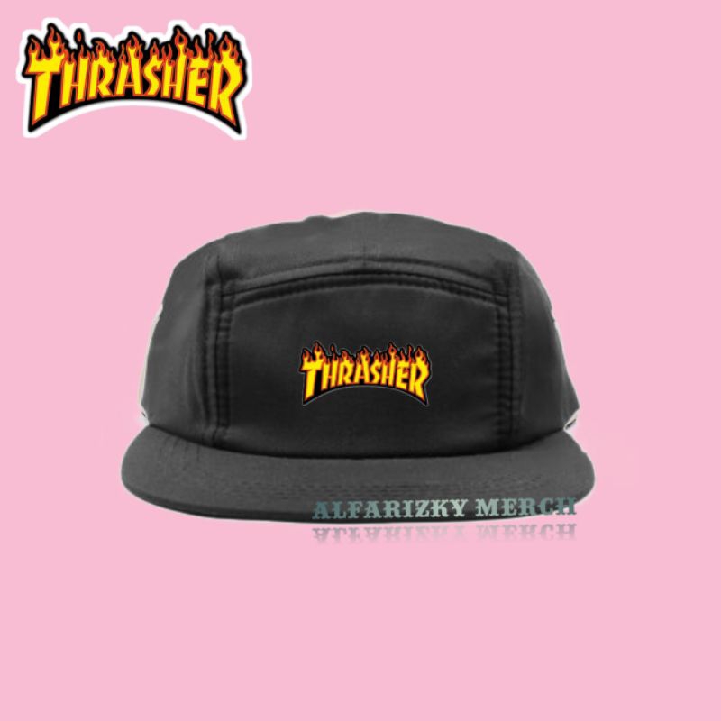Topi 5 panel snapback/Topi six panel pria wanita skate surf THRASHER FIRE