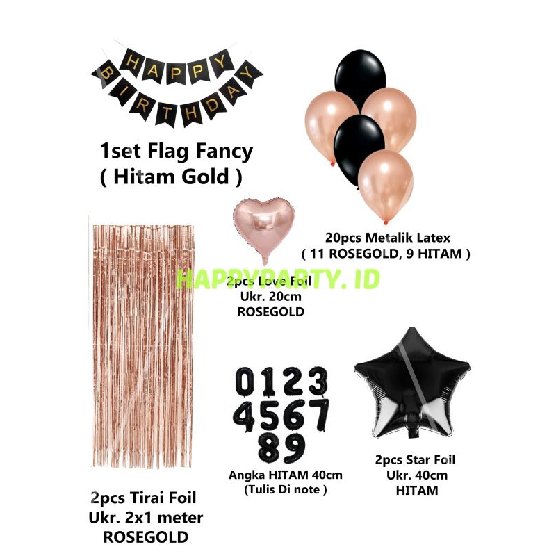 PAKET DEKORASI ULANG TAHUN STARLOVE TEMA ROSEGOLD BLACK UKURAN 2*2 METER