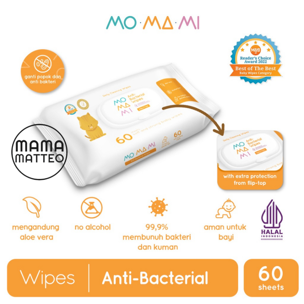 MOMAMI Baby Antibacterial Wipes 10 30 60 sheets / Tisu Tissue Basah Bayi Anti Bakteri Anti Alkohol size kecil travel / besar