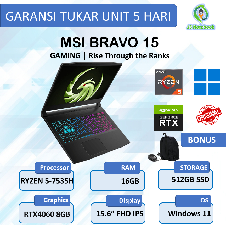 MSI BRAVO 15 C7V RTX4060 8GB RYZEN 5-7535HS 16GB 512SSD W11 15.6" FHD