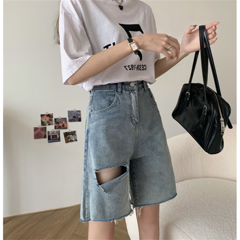 Biru Highwaist Robek Celana Pendek Jeans Wanita Korean Kekinian