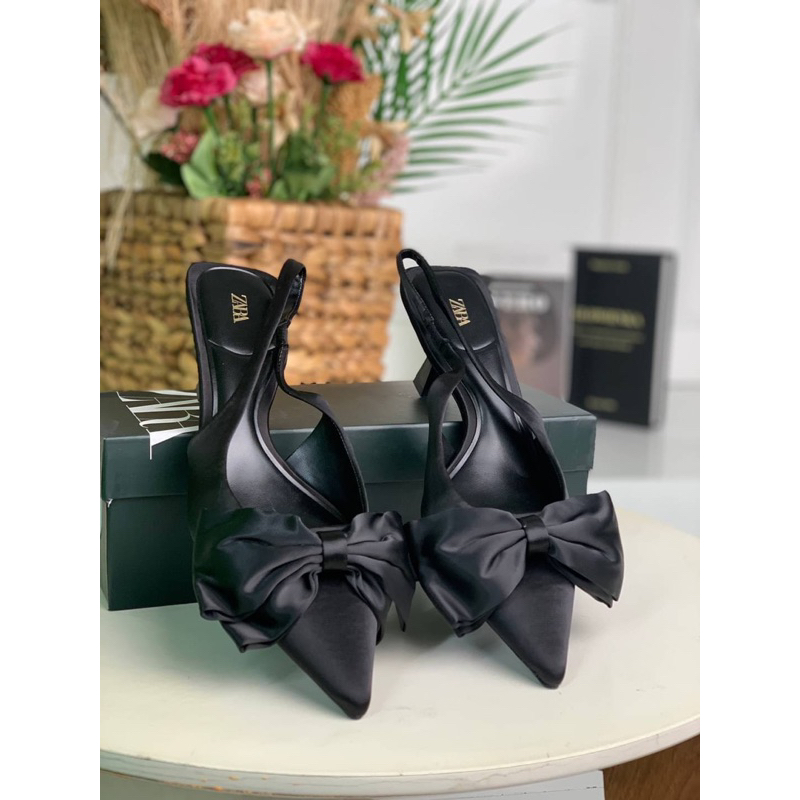 Sepatu Pita Satin Hak Tinggi Wanita ZR Sateen Ribbon High Heels 7,5cm Premium Import, Hitam Black Gl