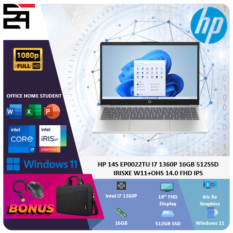 HP 14S i7 1360P 16GB 512GB SSD Iris Xe W11 OHS 14 Inchi FHD IPS Blit