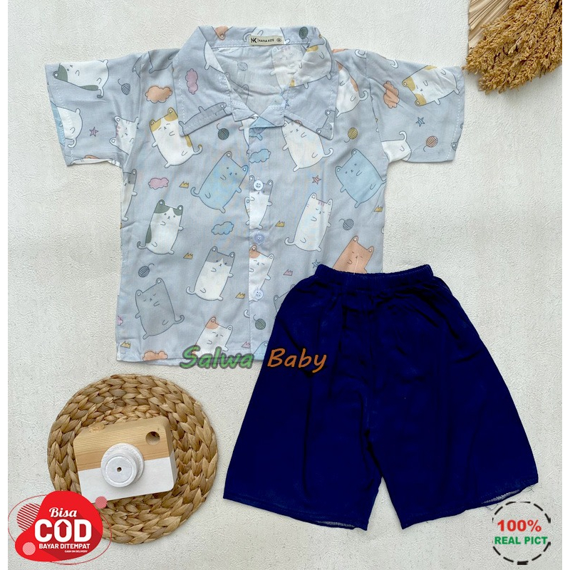 Setelan Baju Bayi Kemeja Bayi One Set Rayon Motif Animal Usia 3-12 Bulan Nanaku Baby