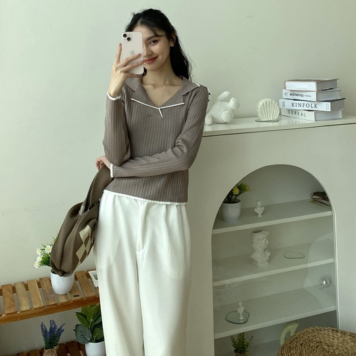 YIU YIU Rajut - Sweater Wanita Lengan Panjang Korean Style Terbaru V-neck Switer Rajut Wanita Polos