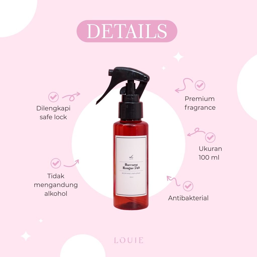 Louie Room and Linen Pillow Spray Air Freshener Pewangi Pengharum Parfum Multi All Purpose Cleaner Penghilang Bau Ruangan Kamar Tidur Kamar Mandi Toilet WC Closet Kloset Lemari Pakaian Baju Karpet Interior Mobil Kotoran Anjing Kucing Pesing Kencing 100ml