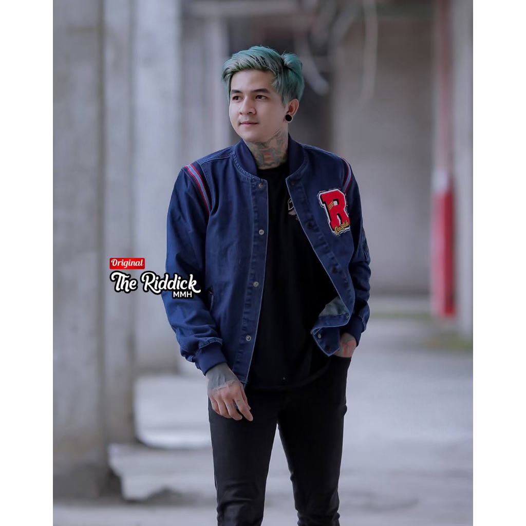 JAKET JEANS BOMBER PRIA ROCAFELA B05 BORDIR ORIGINAL BAHAN DENIM STREET SIZE M L XL XXL
