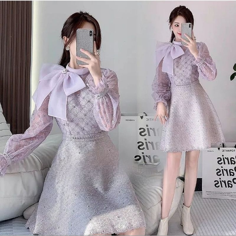 dress glitter lilac lavender ungu purple sequin manik pearl mutiara flare dress gaun acara pesta eve