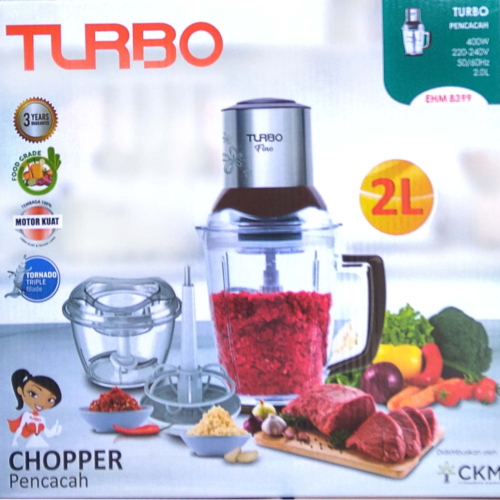 Chopper Blender Gilingan Daging Meat Grinder 2 Liter Turbo EHM 8399 Food Chopper Food Processor Alat Penggiling Daging Penghalus Daging Bumbu  Choper  Chooper Daging Magic Chopper Mitochiba CH 100 CH 200 Blender Mpasi Bayi Gear Metal Motor Tembaga