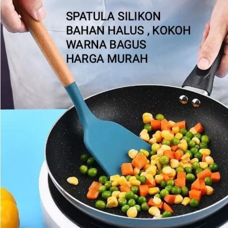 Spatula Silikon Gagang Kayu 32cm / Sutil Masak Untuk Goreng Tumis Tahan Panas