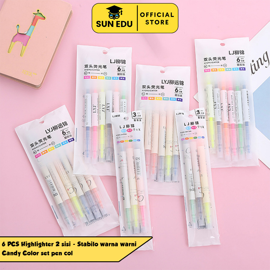 

6 PCS Highlighter 2 sisi/ Stabilo warna warni/ Candy Color set pen col