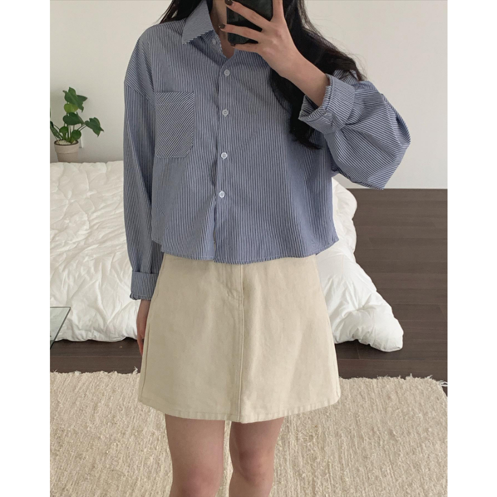 [2 Warna] Korean Style  Blouse Kemeja Atasan Wanita Biru Lengan Panjang Shirt Baju Wanita