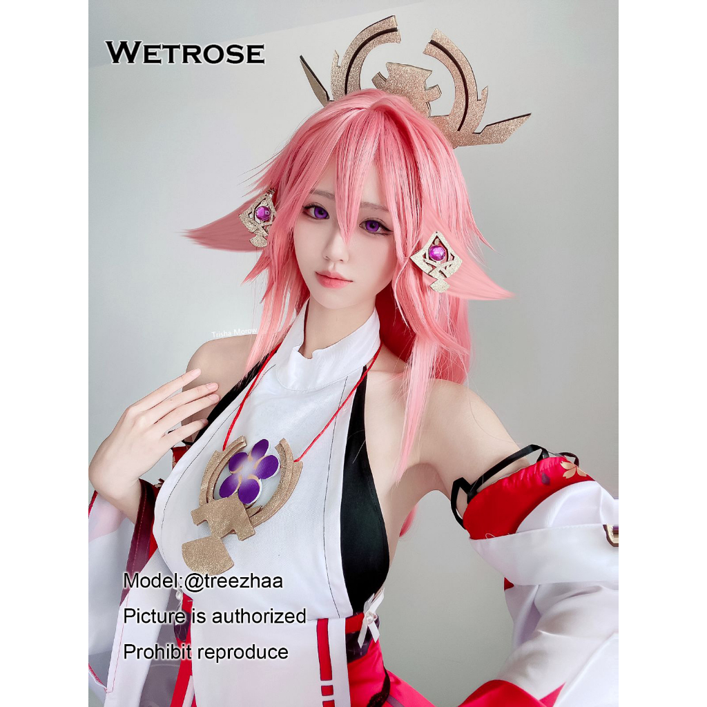 【Wetrose】Genshin Impact Yae Miko Cosplay Wanita Costume Kostum Full Set, Miko Wig