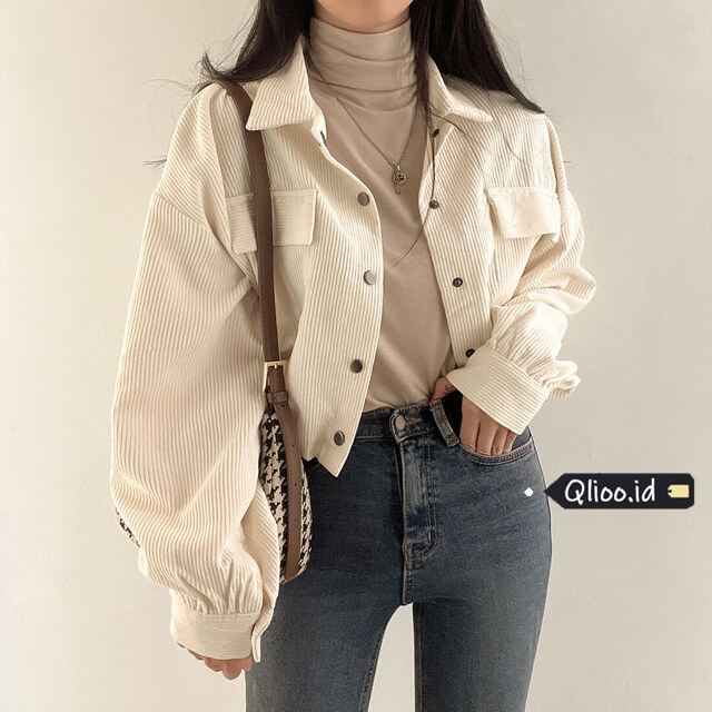 Korean Style Jaket Wanita Terbaru Lengan Panjang Corduroy Outer Crop Jacket