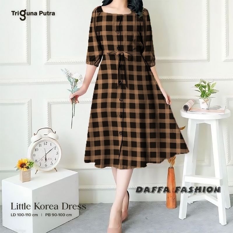 Dress V-Neck Midi Korea Model Sabrina Dress A Line Print Daisy dress casual motif kotak elegan