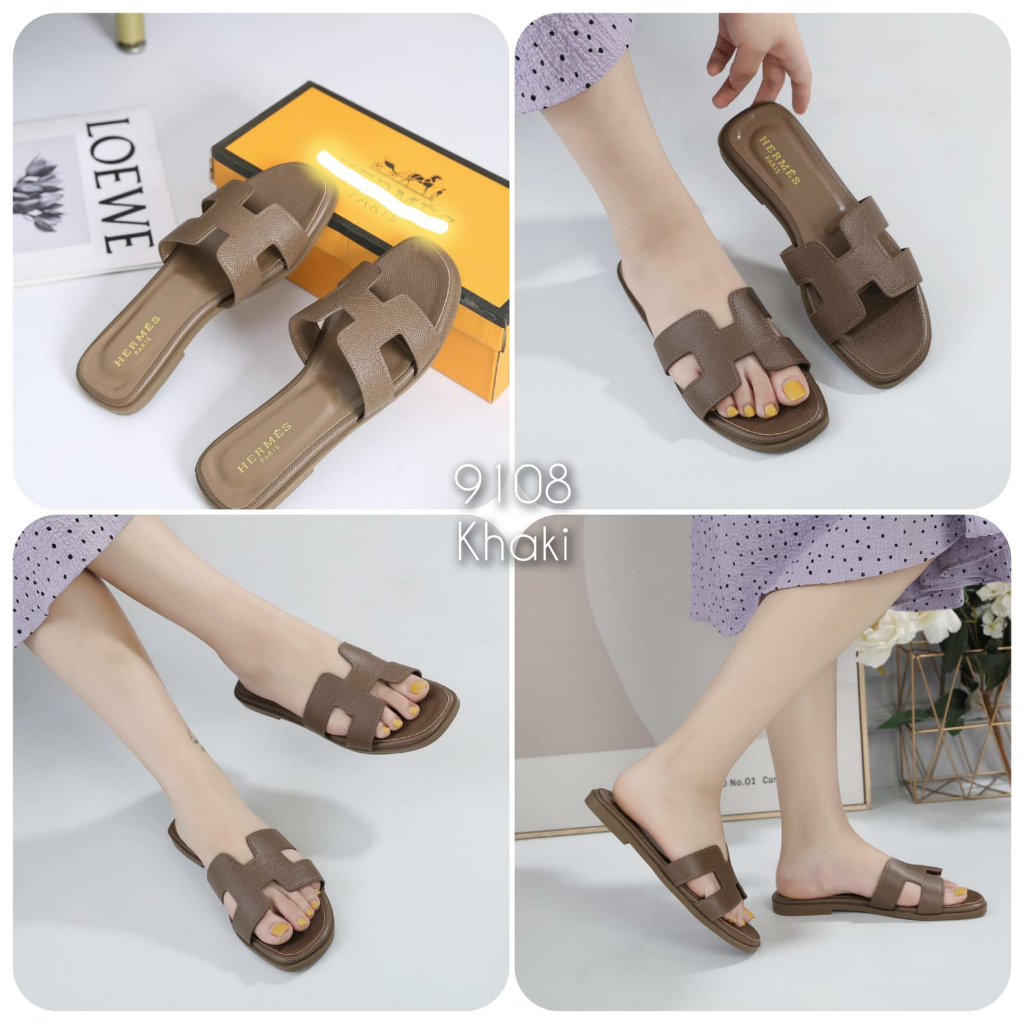 Sandal slop Flat wanita Logo H kulit kode 9108