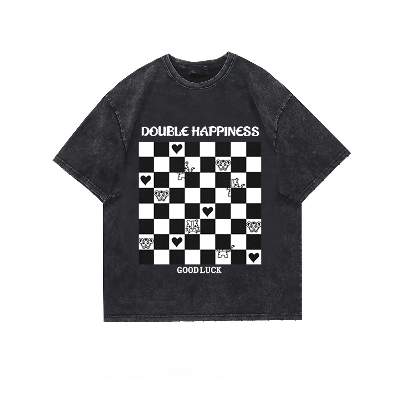 Print Washed T-shirt Kaos Lengan Pendek Oversize Retro Putih Checkerboard Korean Style Atasan Wanita