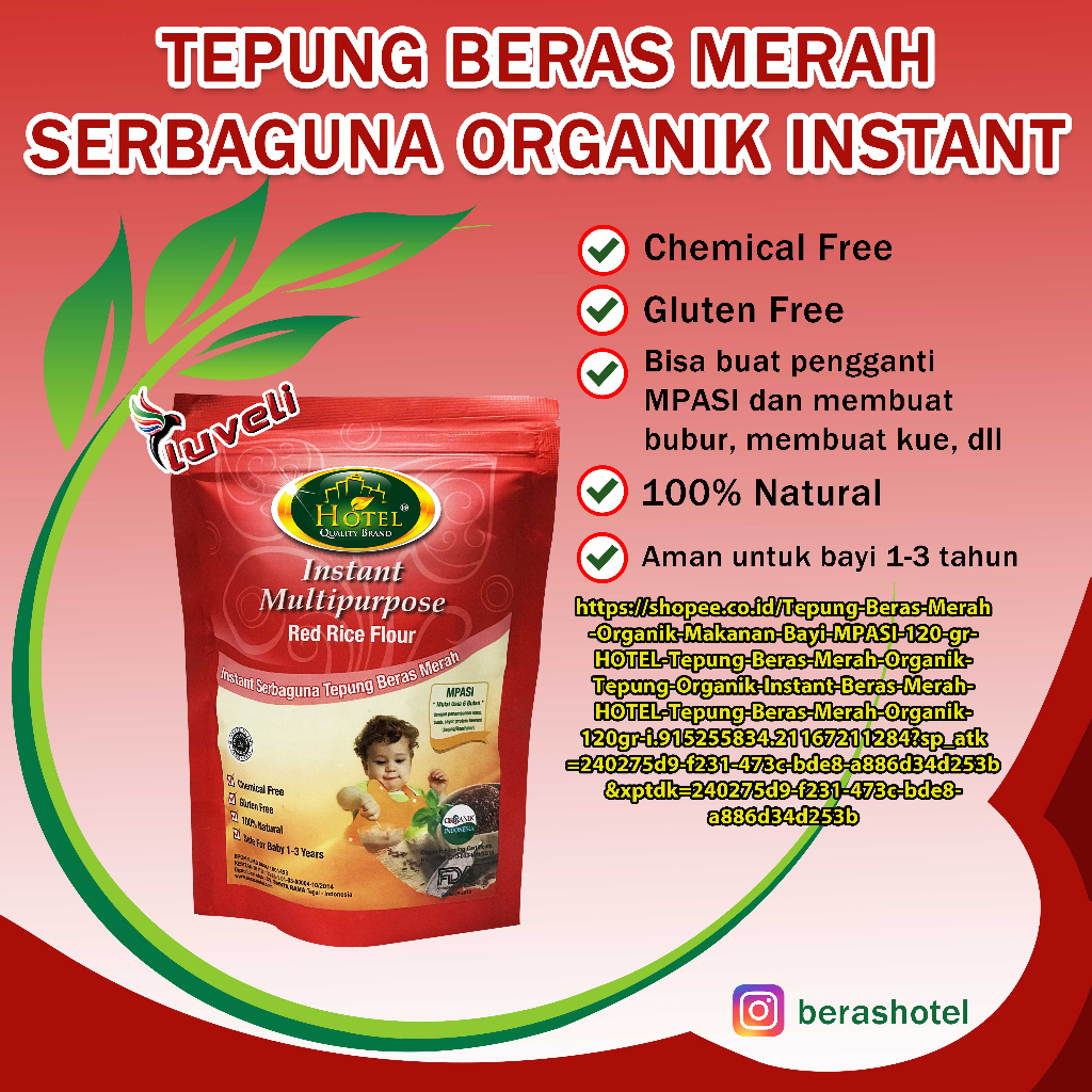 

Tepung Beras Merah HOTEL Organik Instant 120 gr - Instant Tepung Organik Beras Merah - HOTEL Tepung Merah Organik 120gr - MPASI Tepung Instant Merah - Makanan Bayi