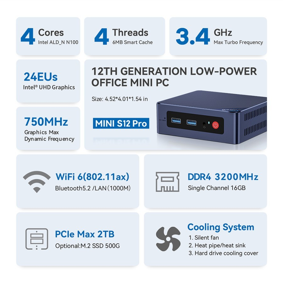 Beelink Mini S12 Pro 16+500GB SSD Intel Quadcore Alderlake N100 12th Gen MINI PC