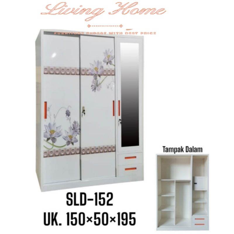 Lemari Pakaian 3P Plat Besi Sliding Laci Putih SLD