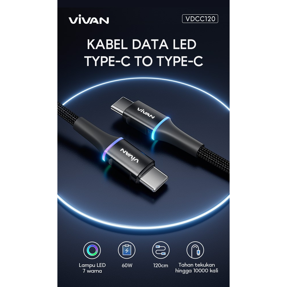 Vivan VDCC120 USB-C to USB-C LED Kabel Data Cable 60W Fast Charging