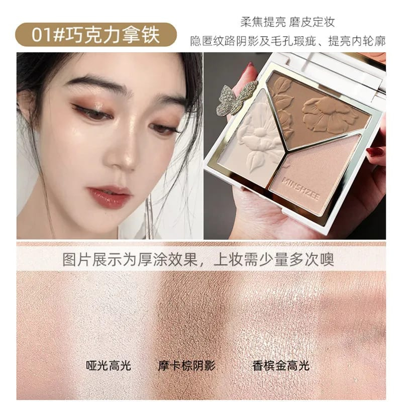 3IN1 HIGHLIGHTER PALLET CONTOUR POWDER BLUSHER MATTE FACE MAKEUP PIGMENTED LONG LASTING