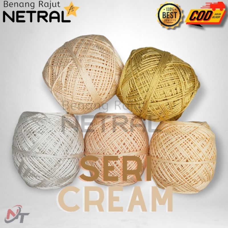 BENANG RAJUT POLYESTER KILAP &amp; DOP SERI WARNA CREAM MERK NETRAL