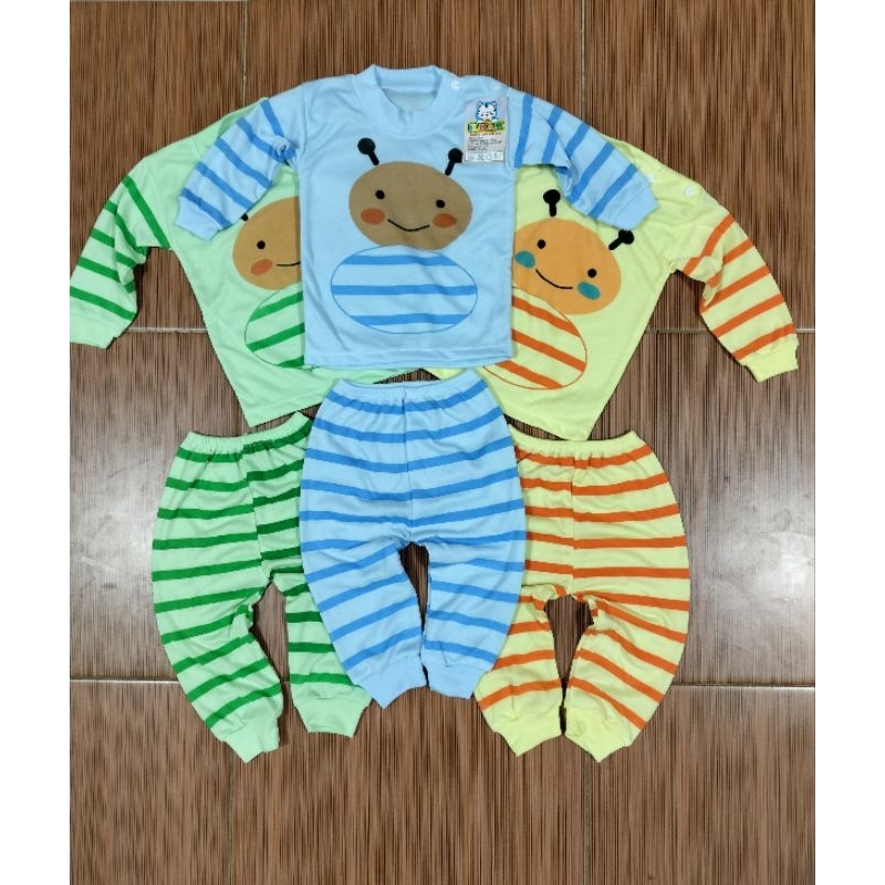 Setelan Baju Bayi Piyama Bayi Lengan Panjang Kancing Pundak Motif Lebah Usia 0-12 Bulan