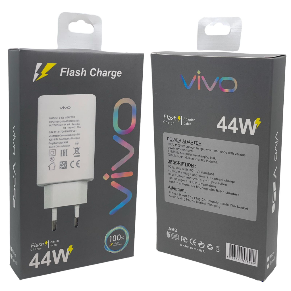 Travel Charger Vivo V25 Pro 44W Support FlashCharge/ Vivo V11 PRO 3.0 QUALCOMM Casan Vivo 3.0A QC + Kabel Data Micro FAST CHARGER FAST CHARGING