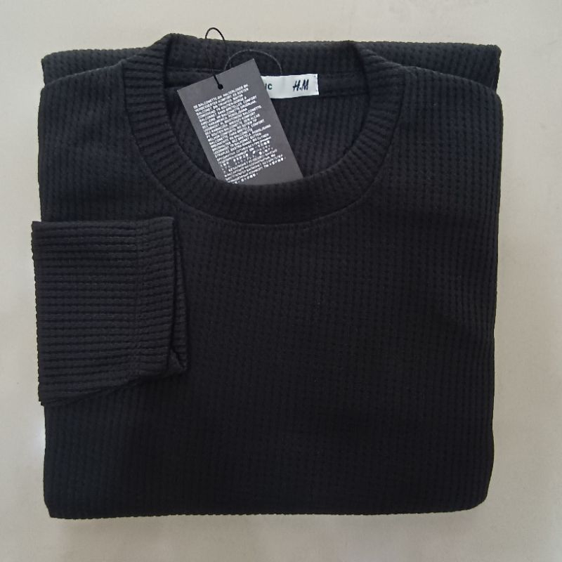 KAOS WAFFLE UNIQLO HITAM POLOS / KAOS RIB / KAOS CABUT JARUM / KAOS LENGAN PANJANG POLOS
