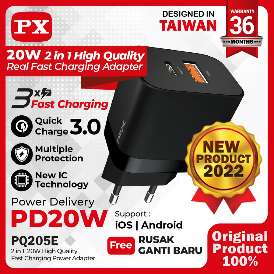 Charger Adaptor 20W 2 Port Fast Charging Type C+USB A 20 W PX PQ205E