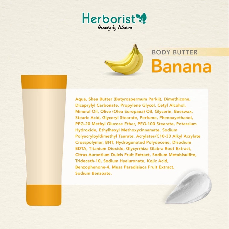 HERBORIST Body Butter Banana Indonesia / 80g / Shea Butter / Deep Moisturizing &amp; Smoothen Skin / Melembabkan Mencerahkan Menutrisi / Strawberry Sorbet Frangipani Chocolate Coconut Zaitun Matcha Milk Mango / Skincare Care Lotion Gel Scrub Serum Kulit Tubuh