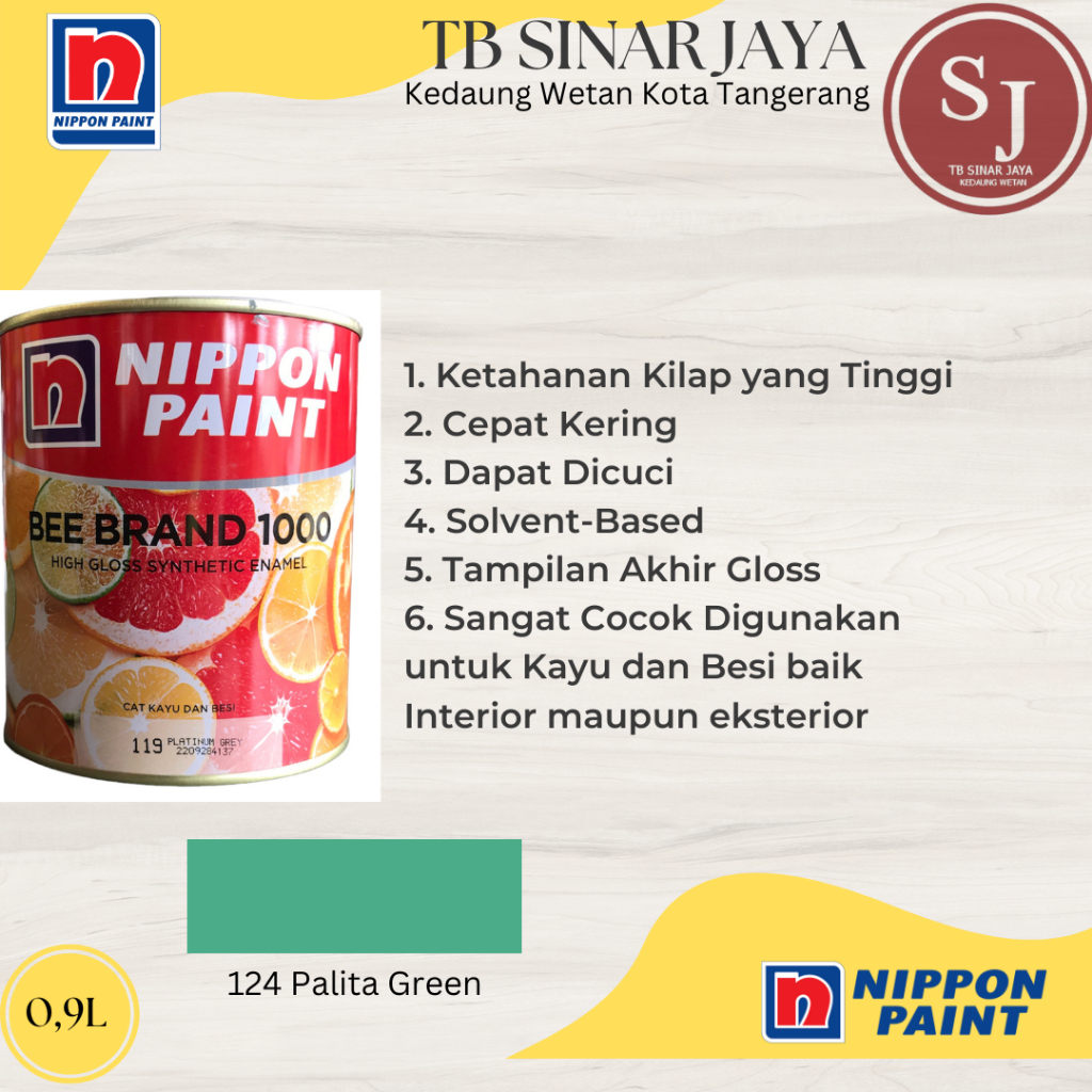 Cat Kayu dan Besi BEE BRAND 1000 Nippon Paint 0.9L - 124 Pelita Green