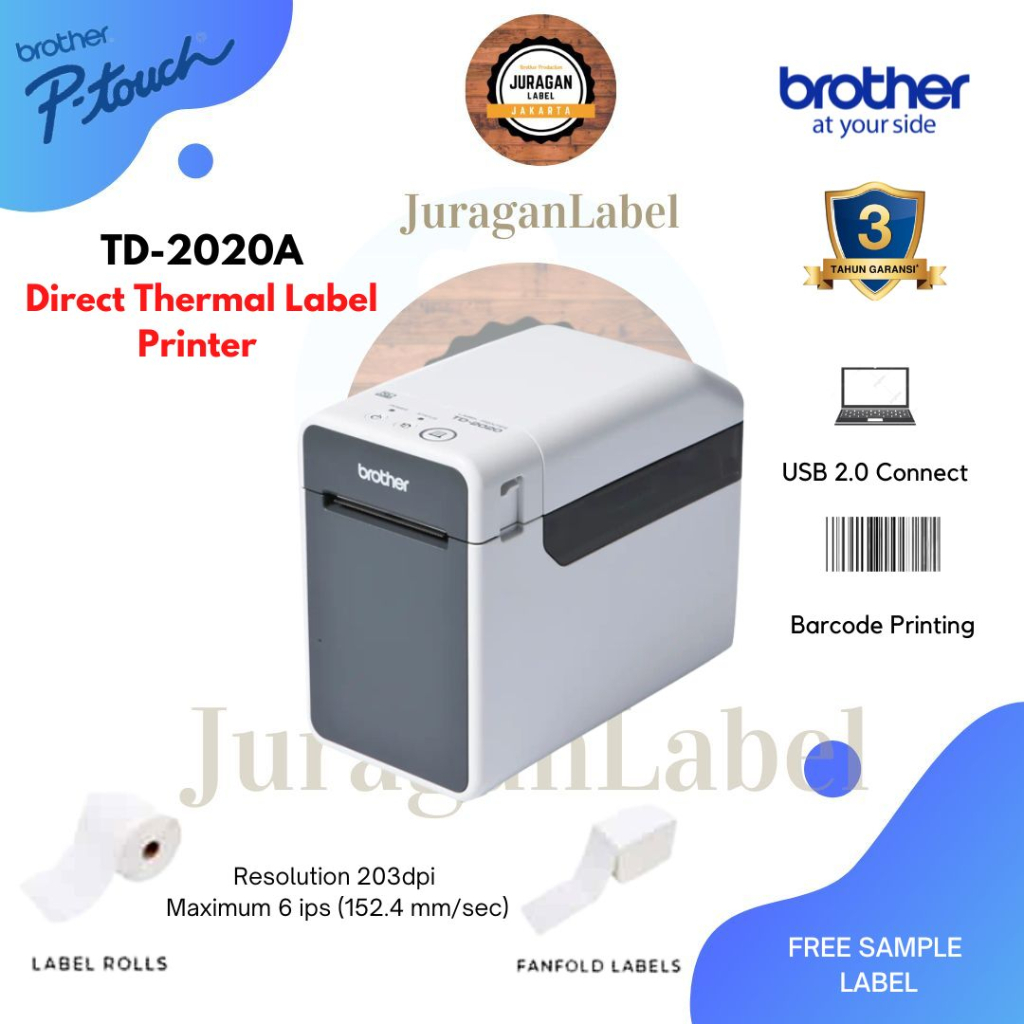 Brother Printer Label TD-2020A Ptouch Direct Thermal Garansi Resmi