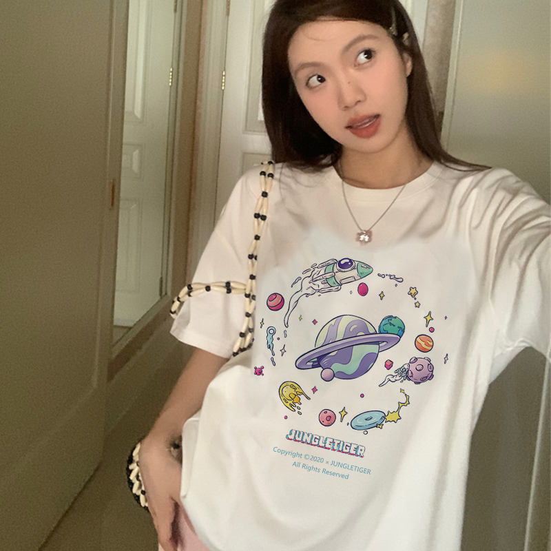 Print T-shirt Kaos Lengan Pendek Cartoon Colorful Planet Oversize Atasan Wanita Korean Style