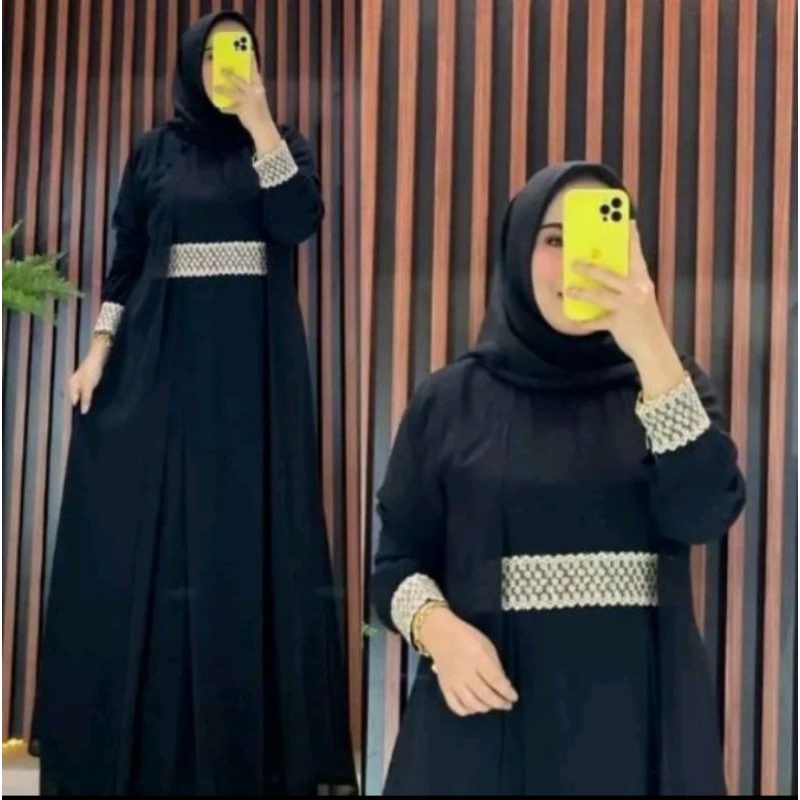 Salsa dress baju gamis wanita bahan ceruti beby doll ful puring mix Renda all size